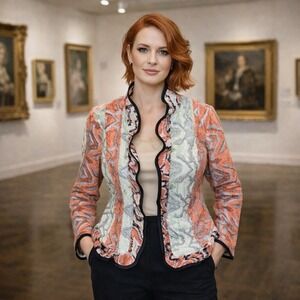 New Trimdin Jacket Womens L Tapestry Ikat Art Wear Blazer Stand Up Collar Runway